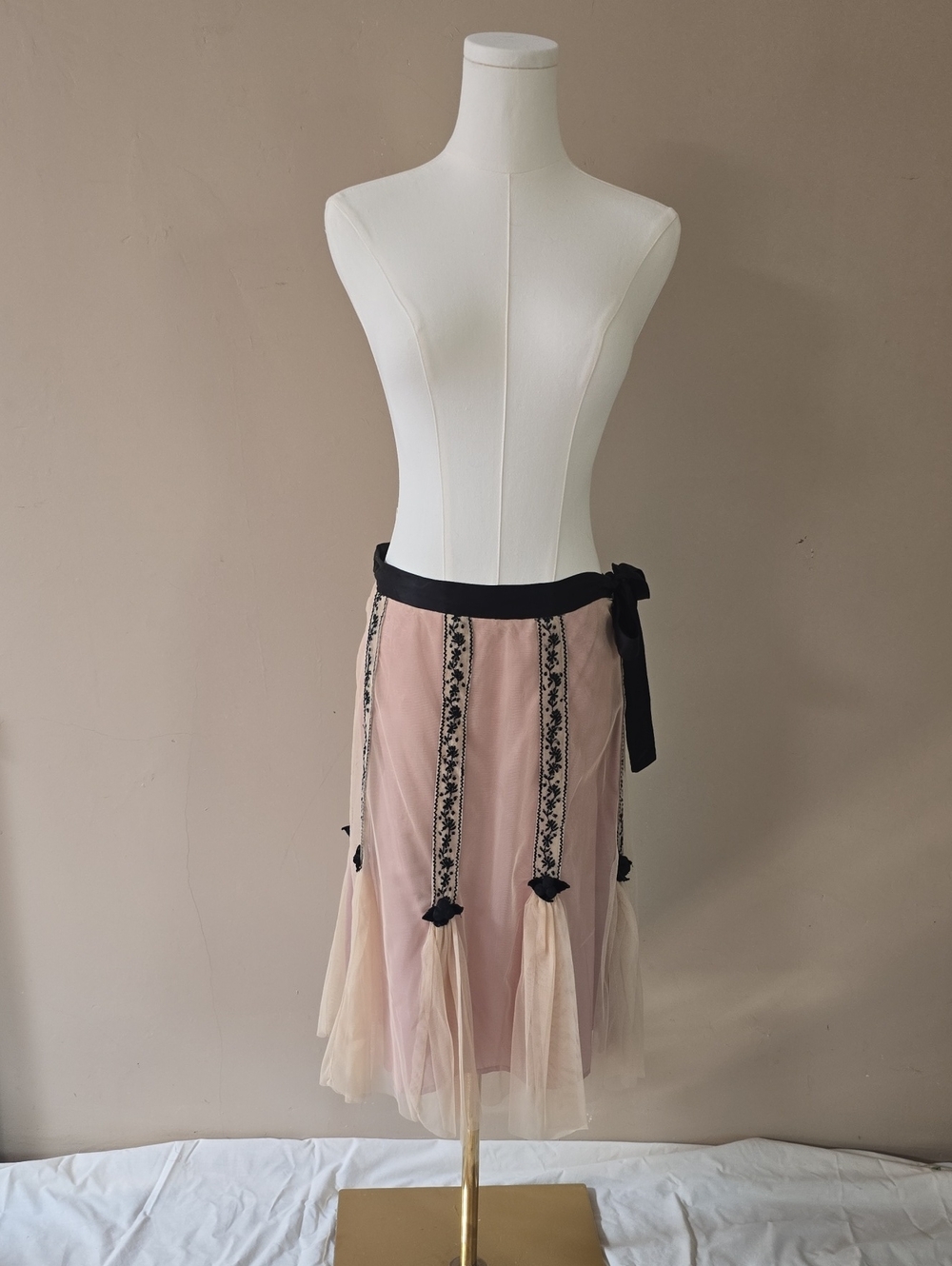 Odille Blush Pink Midi Skirt with Black Waistband